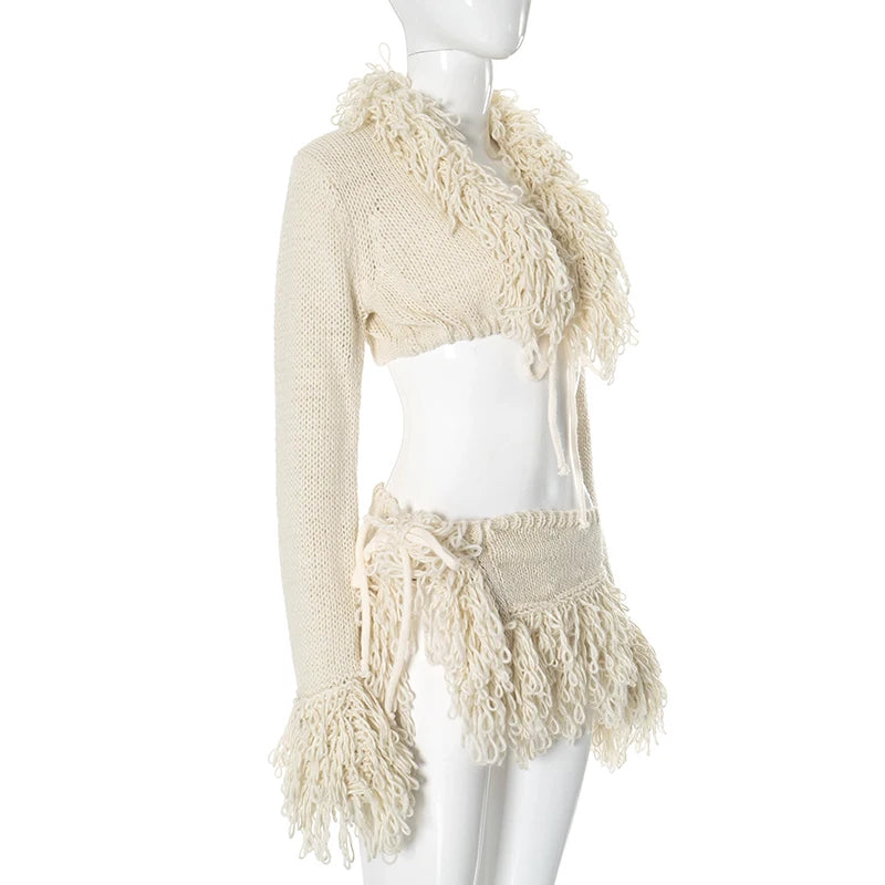 Chic Knit Tie Cardigan and Mini Skirt Set VestiVogue