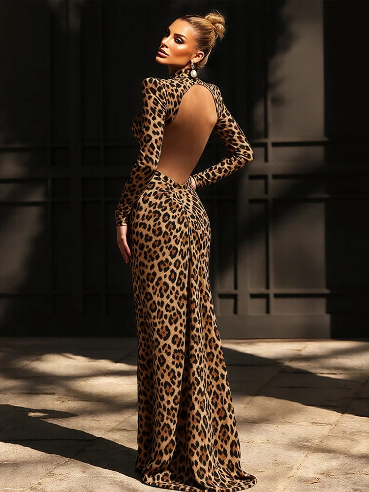 Leopard Print Turtleneck Backless Long Dress VestiVogue