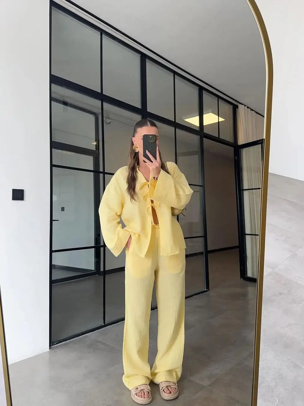 Chic Lace Up V-Neck and Wide Leg Trousers Set VestiVogue