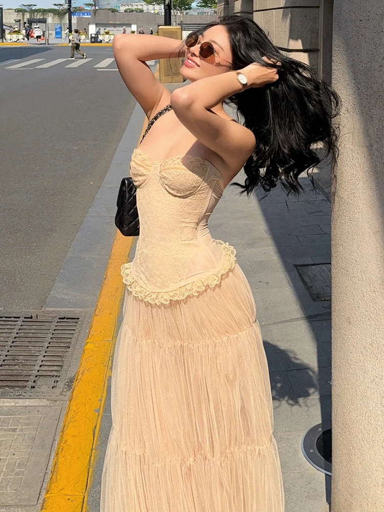 Elegant Lace Corset & Mesh Skirt 2-Piece Set VestiVogue Beige L