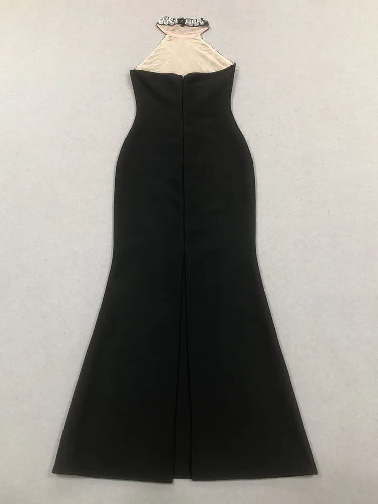 Elegant Black Halter Beaded Bodycon Maxi Dress VestiVogue