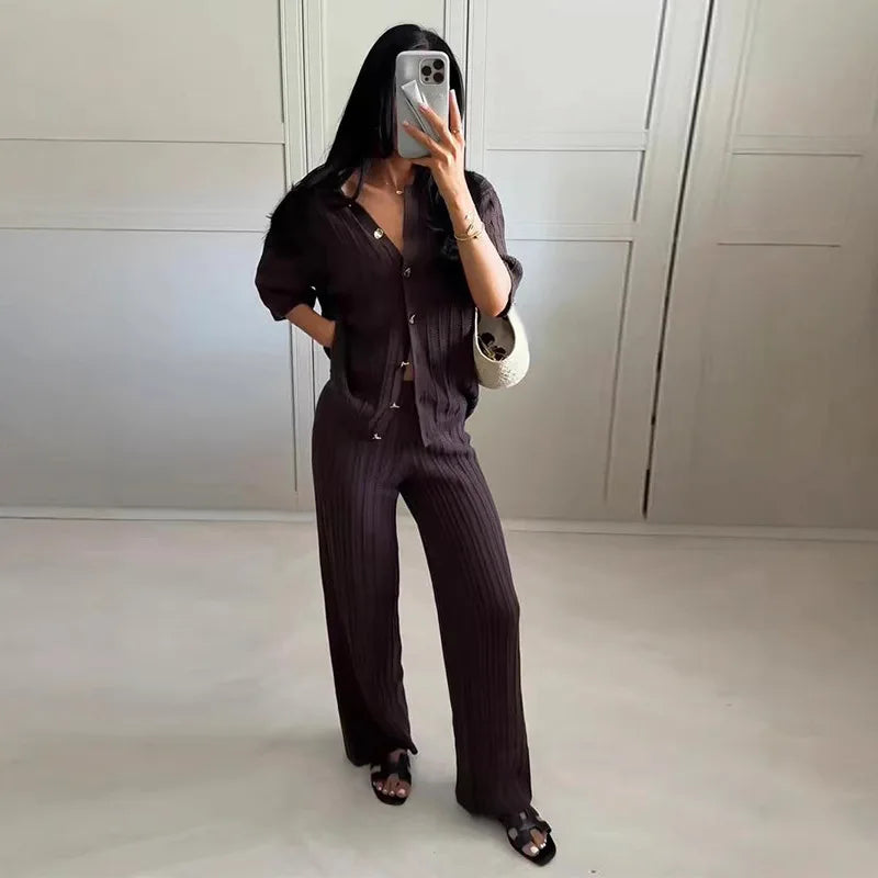 Brown Knitted Two-Piece Cardigan and Trousers Set VestiVogue