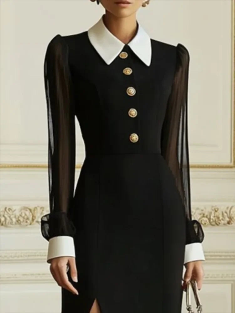 Elegant Mesh Sleeve Evening Dress with Notch Collar and High Waist Split VestiVogue