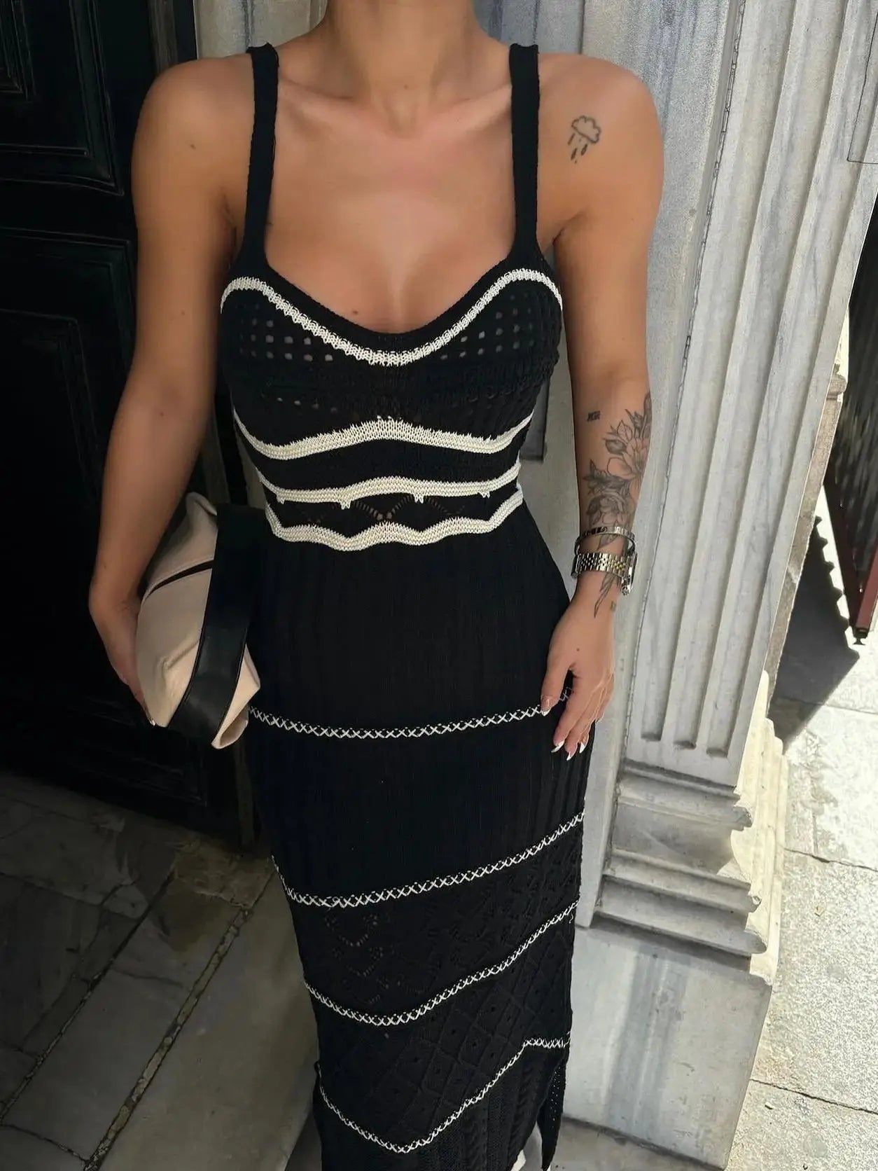 Chic Striped Knit Crochet V-Neck Midi Dress VestiVogue