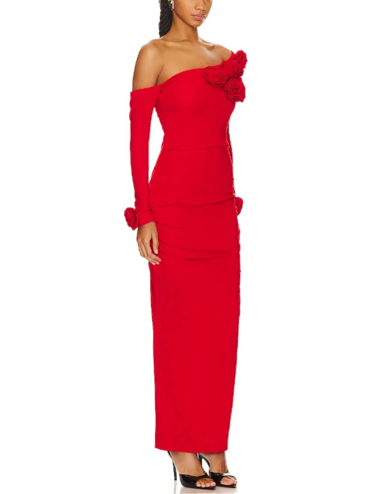 Red Long Sleeve Bodycon Dress with Lace Detail VestiVogue