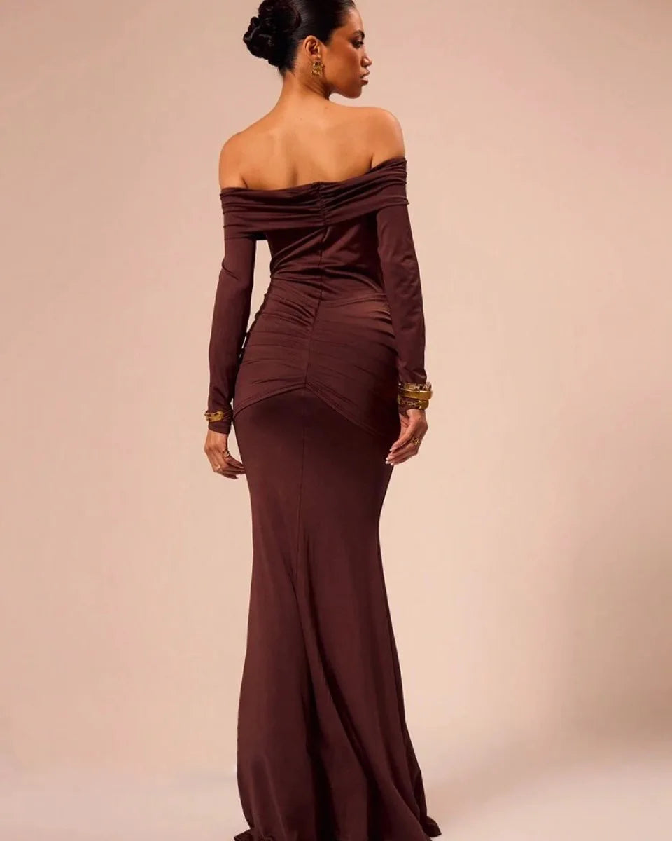 Elegant Ruched Midi Party Dress with Slash Neck and Full Sleeves VestiVogue