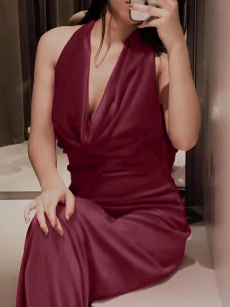 Velvet Halter Backless Maxi Dress VestiVogue
