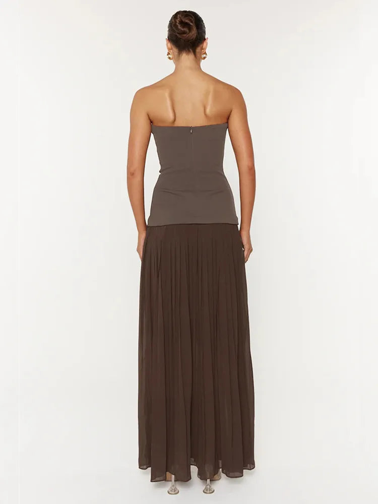 Chic Pleated Strapless Brown Mini Gown VestiVogue