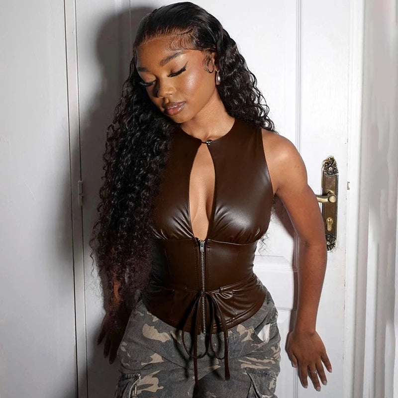 Hollow-Out Sleeveless Faux Leather Tank Top with Tie Waist VestiVogue