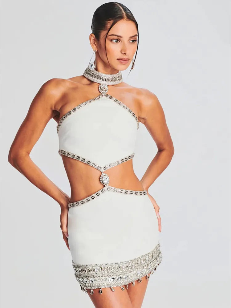 Dazzling Cut-Out Halter Bodycon Mini Dress with Crystal Embellishments VestiVogue WHITE XS