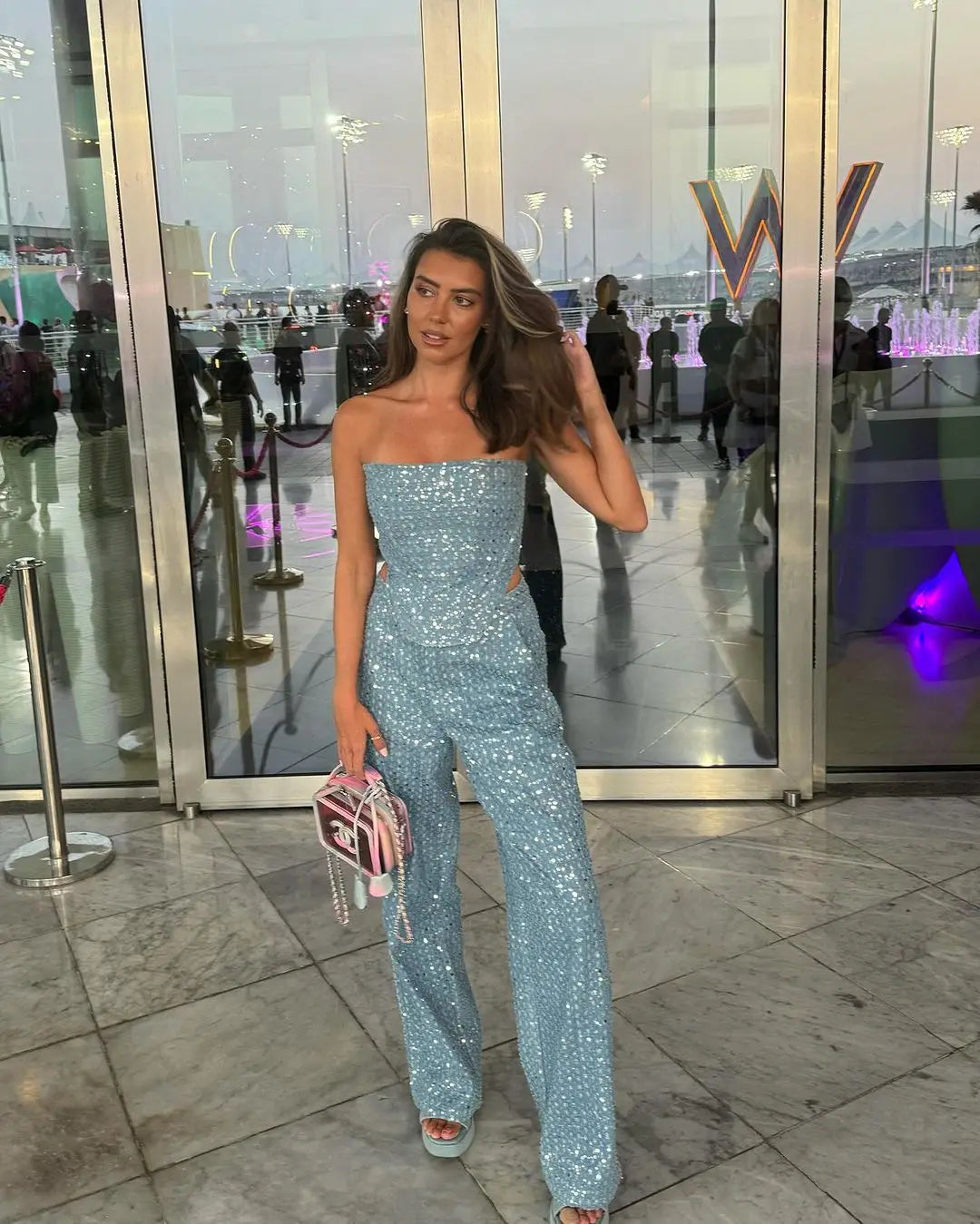 Sequinned Denim Strapless Crop Top & Wide Leg Pants Set VestiVogue Blue M