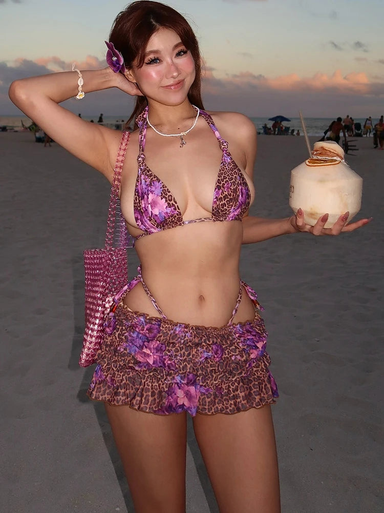 Leopard Print 3-Piece bikini Summer Set VestiVogue PURPLE L