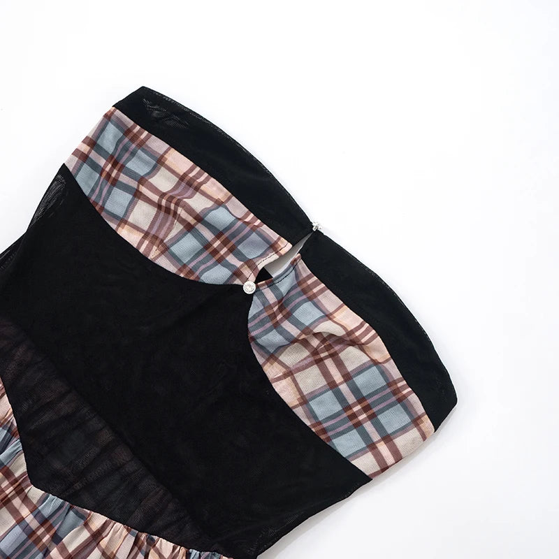 Plaid Mesh One-Shoulder Pleated Mini Dress VestiVogue