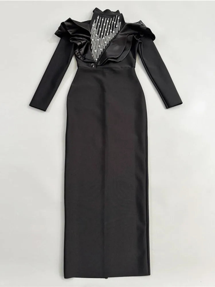 Elegant Black Ruffle Maxi Dress with Diamonds and Turtleneck VestiVogue