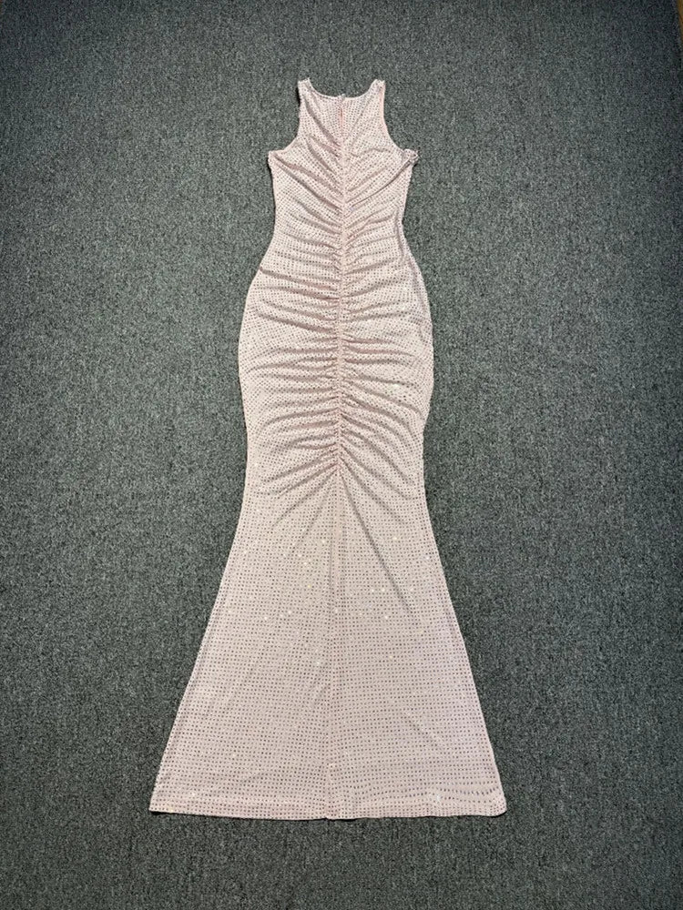 Backless Ruched Maxi Gown with Pink Diamond Detail VestiVogue