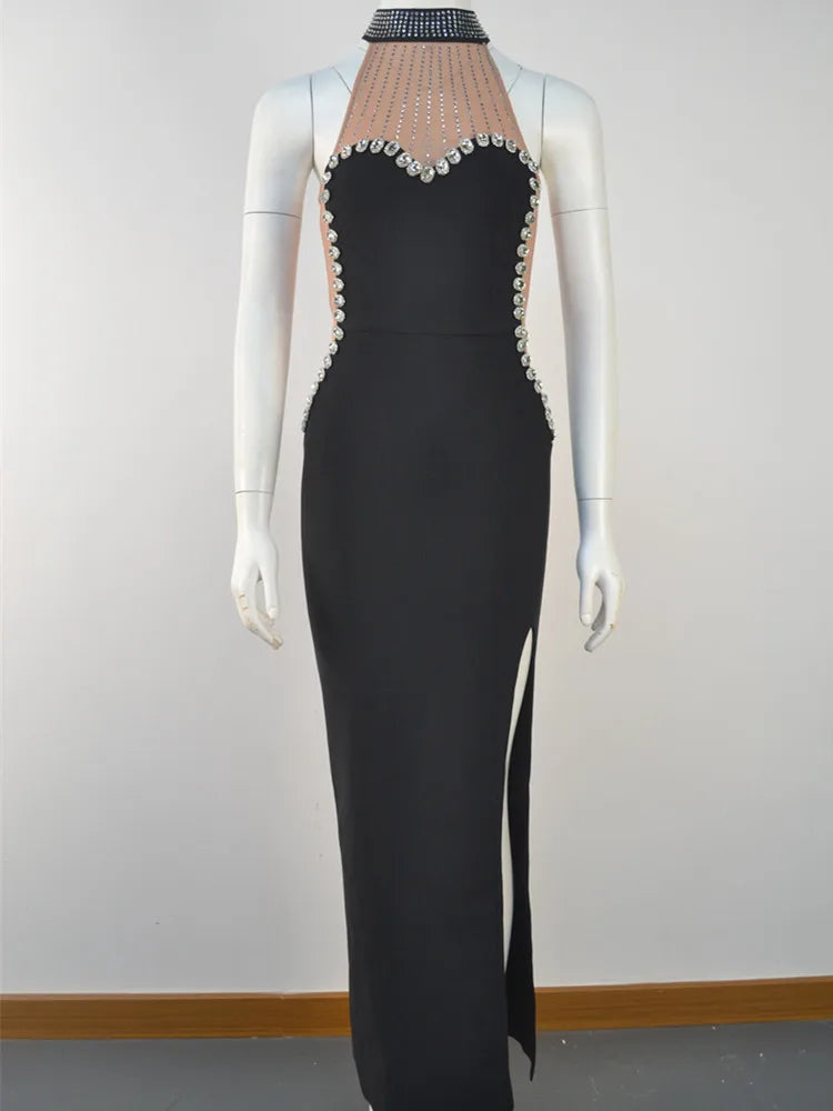 Crystal Lace Mesh Bodycon Maxi Dress for Women VestiVogue