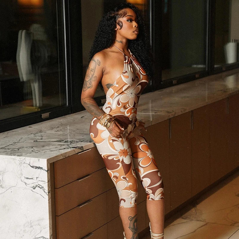 Vibrant Floral or Solid Colour Backless Jumpsuit with Tie Straps VestiVogue Brown L