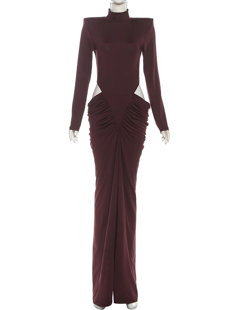 Ruched Turtleneck Bodycon Dress with Hollow Waist Design VestiVogue