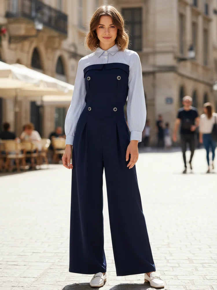 Lapel Collar High-Waist Wide Leg Jumpsuit with Trendy Patchwork VestiVogue