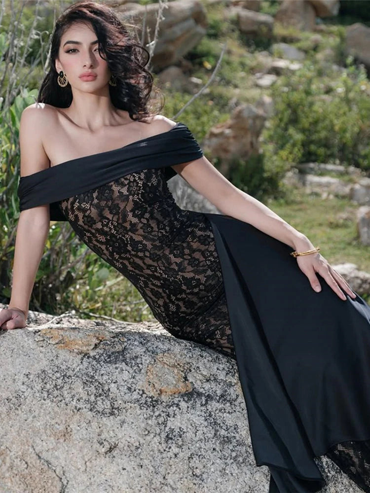 Lace Patchwork Off-Shoulder Maxi Dress VestiVogue black M