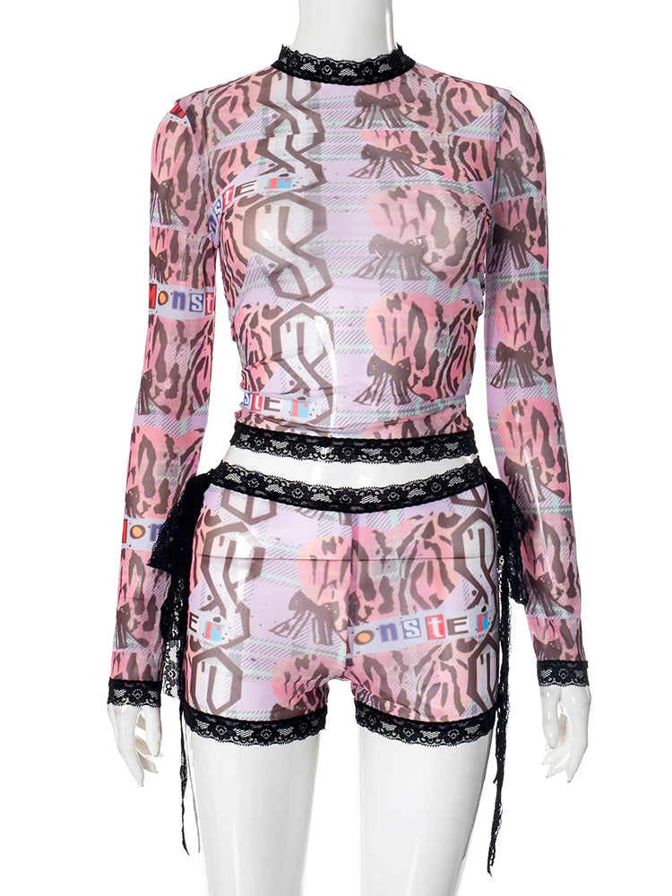 Lace Crop Top & Leopard Shorts Set VestiVogue