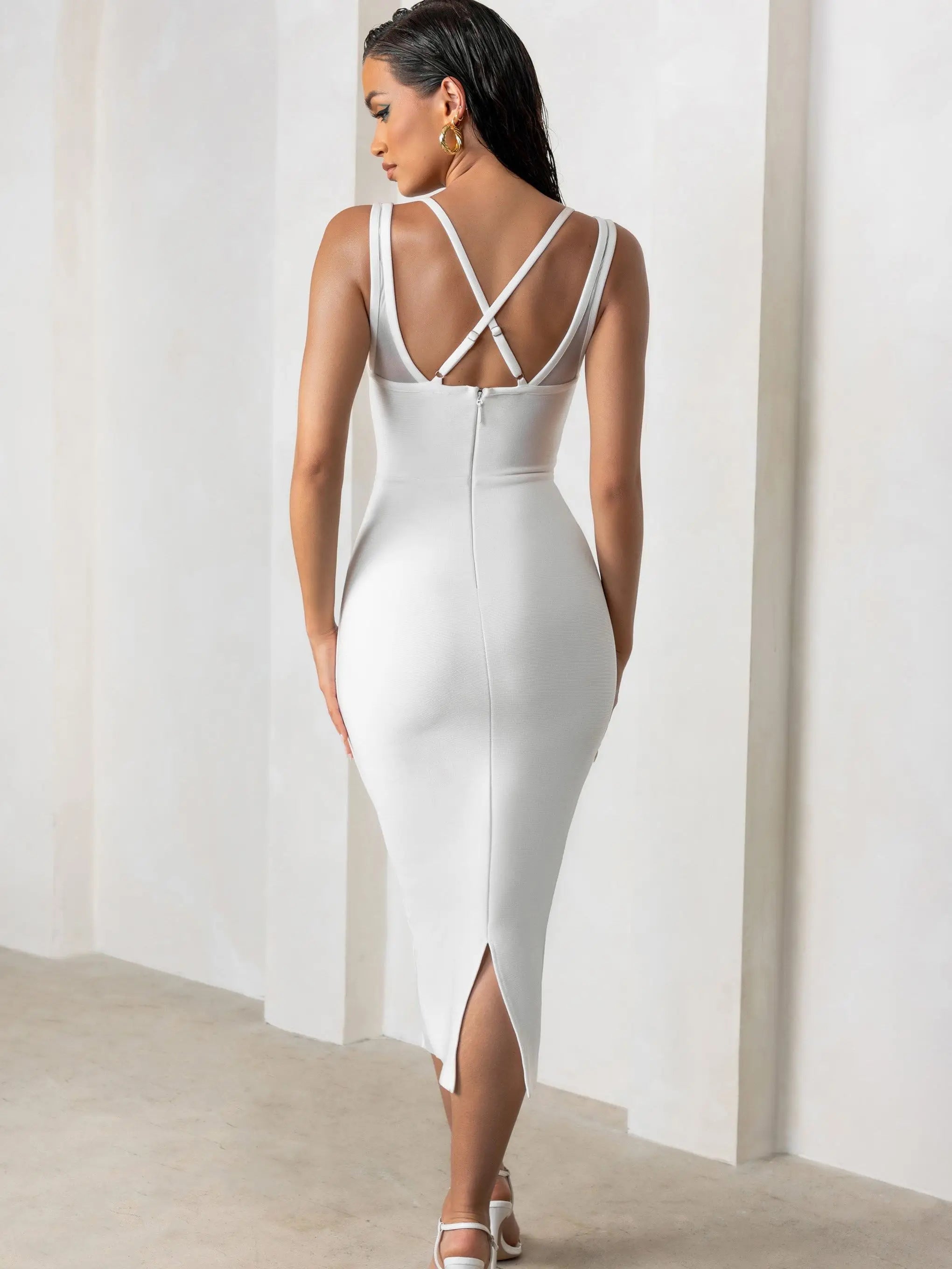 White Midi Criss Cross Bodycon Dress with Double Straps VestiVogue