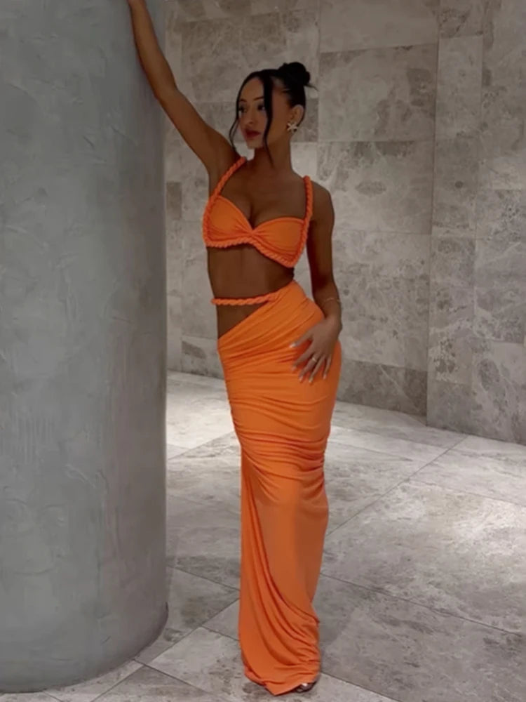 Backless Ruched Bra and Long Skirt Set VestiVogue