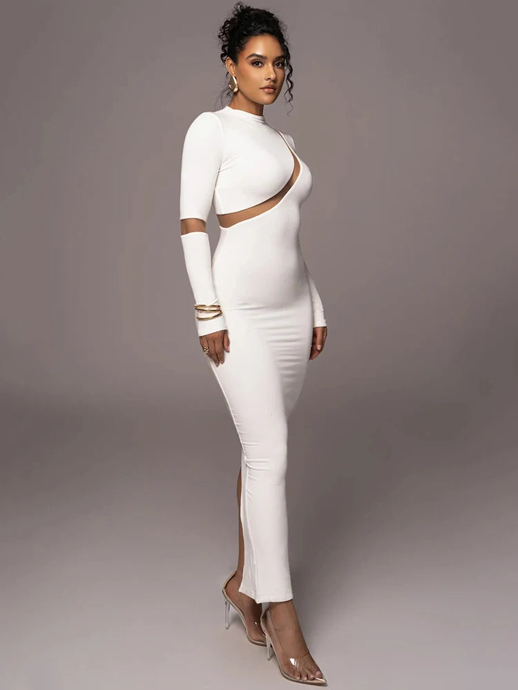 Hollow Out Irregular Split Midi Dress VestiVogue WHITE M