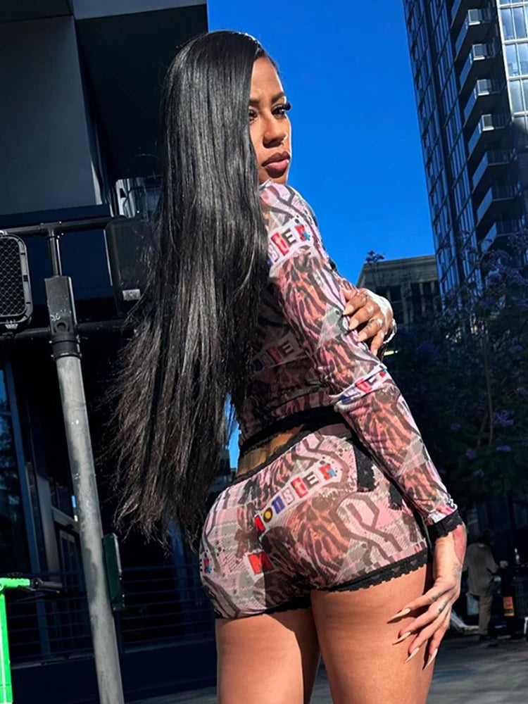 Lace Crop Top & Leopard Shorts Set VestiVogue