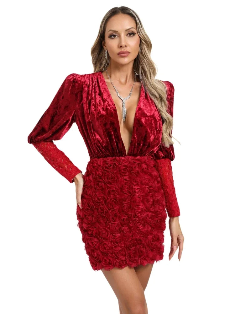 Deep V Neck Floral Velvet Mini Dress VestiVogue