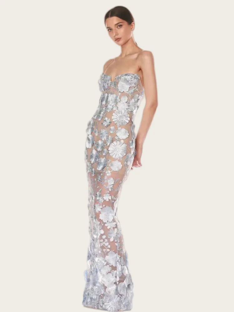 Strapless Embroidered Flower Bodycon Gown VestiVogue