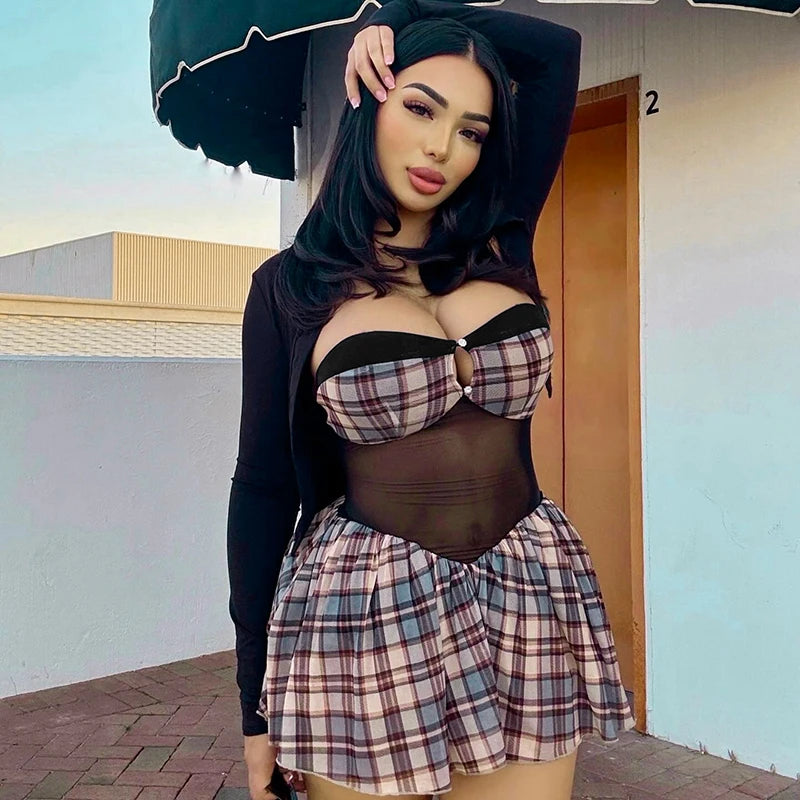 Plaid Mesh One-Shoulder Pleated Mini Dress VestiVogue