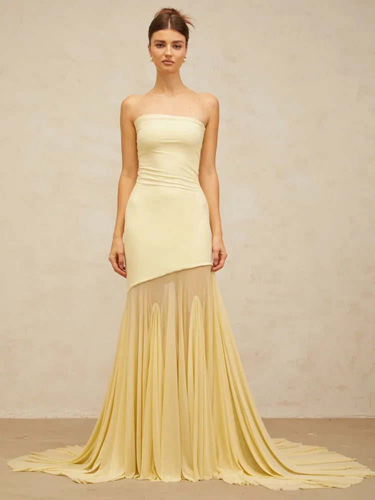 Chic Strapless Yellow Mesh Maxi Gown VestiVogue Yellow S
