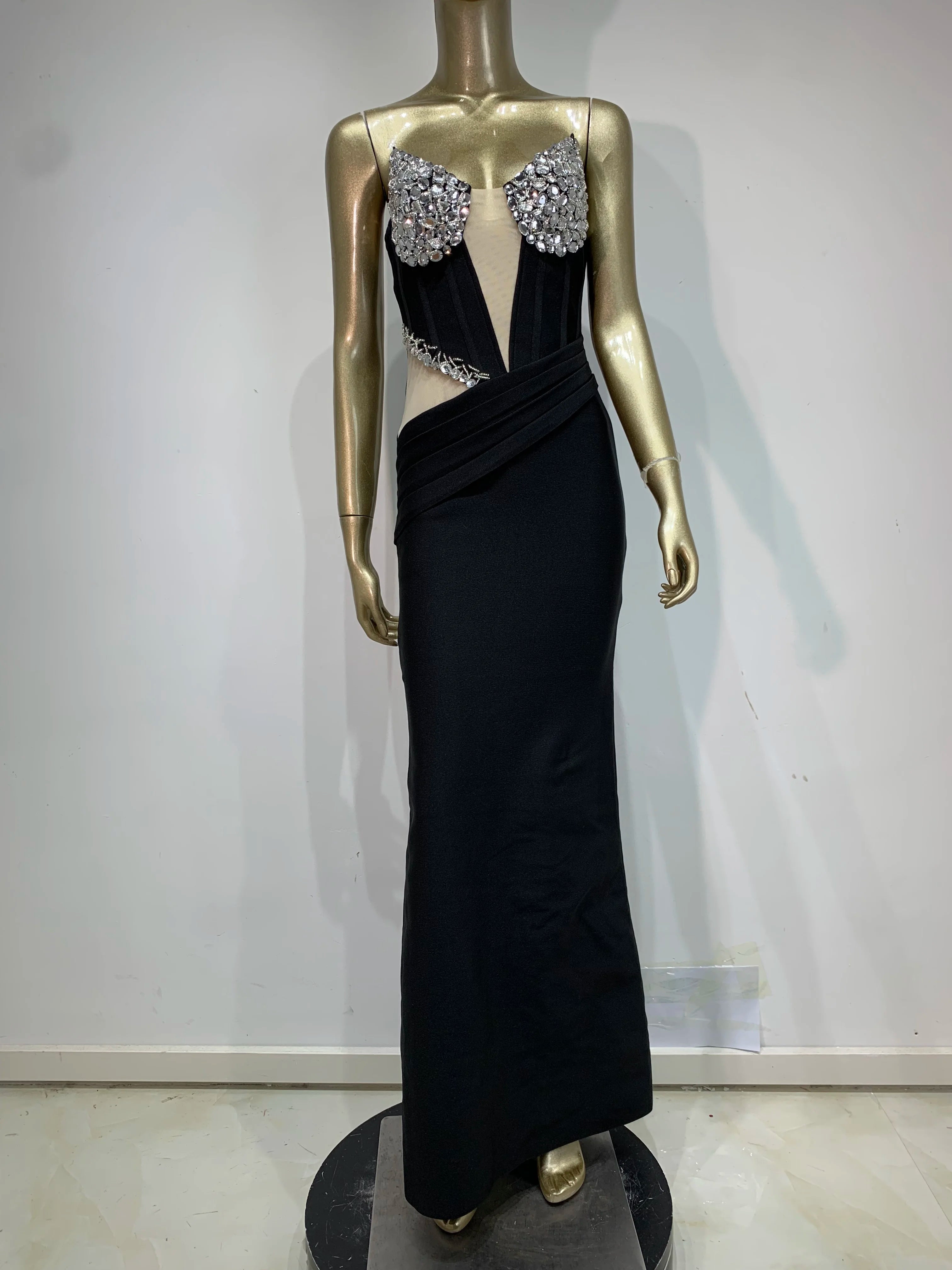 Strapless Black Beaded Bodycon Maxi Dress VestiVogue