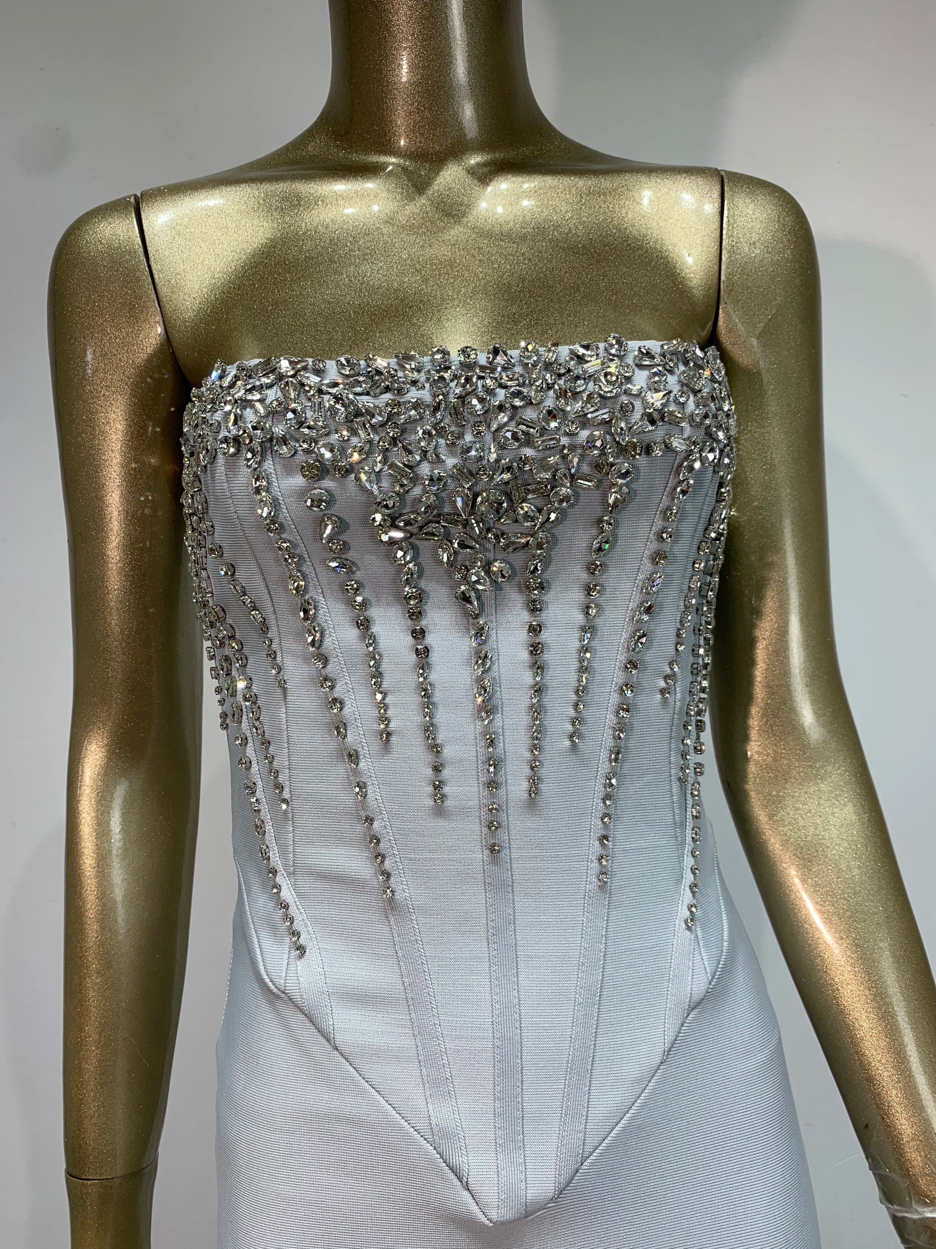 Strapless Beaded Grey Maxi Bodycon Dress VestiVogue