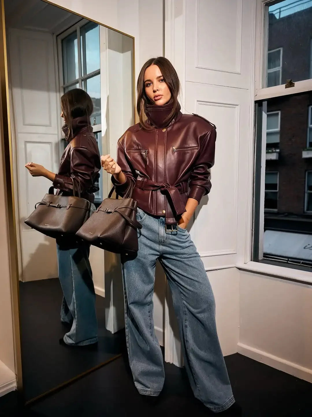 Burgundy Lace-Up Waist Cinching Leather Jacket with Stand Collar VestiVogue