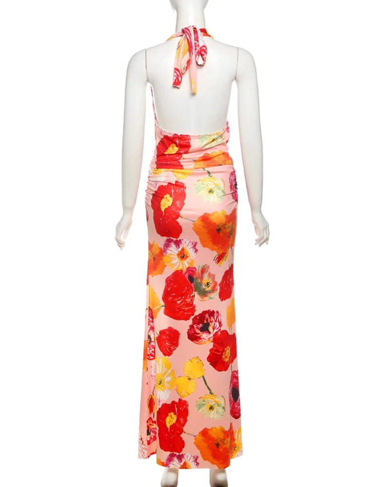 Attractive Printed Summer Two-Piece Set with Halter Vest and Split Maxi Skirt VestiVogue