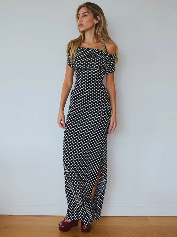 Polka Dot Off-Shoulder Backless Slit Bodycon Dress VestiVogue