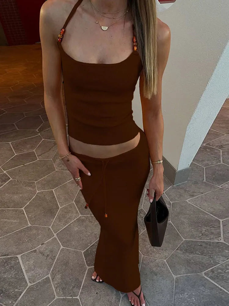 Matching Women 2 Piece Set - Halter Camisole & Drawstring Maxi Skirt VestiVogue Brown M