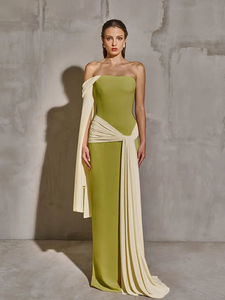 Colour-Block One-Shoulder Bell Sleeve Dress VestiVogue