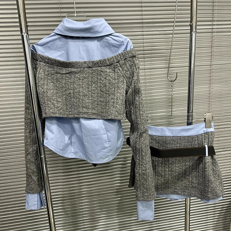 Blue Knit Sweater with Spliced Tie Shirt and Mini Skirt Three-Piece Set VestiVogue