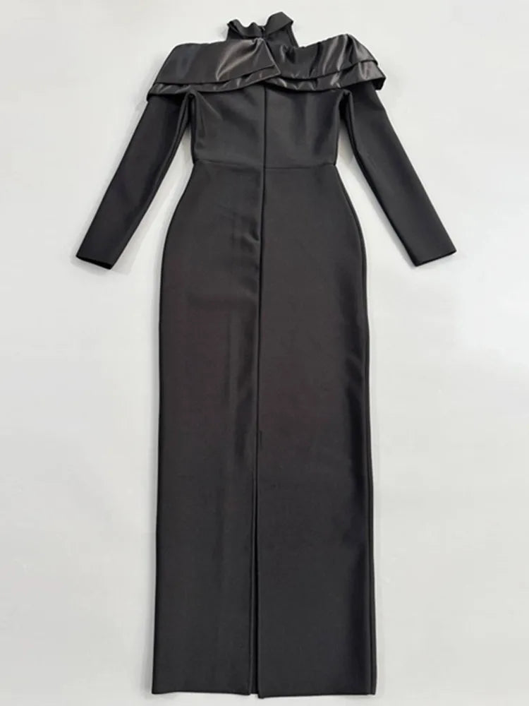 Elegant Black Ruffle Maxi Dress with Diamonds and Turtleneck VestiVogue