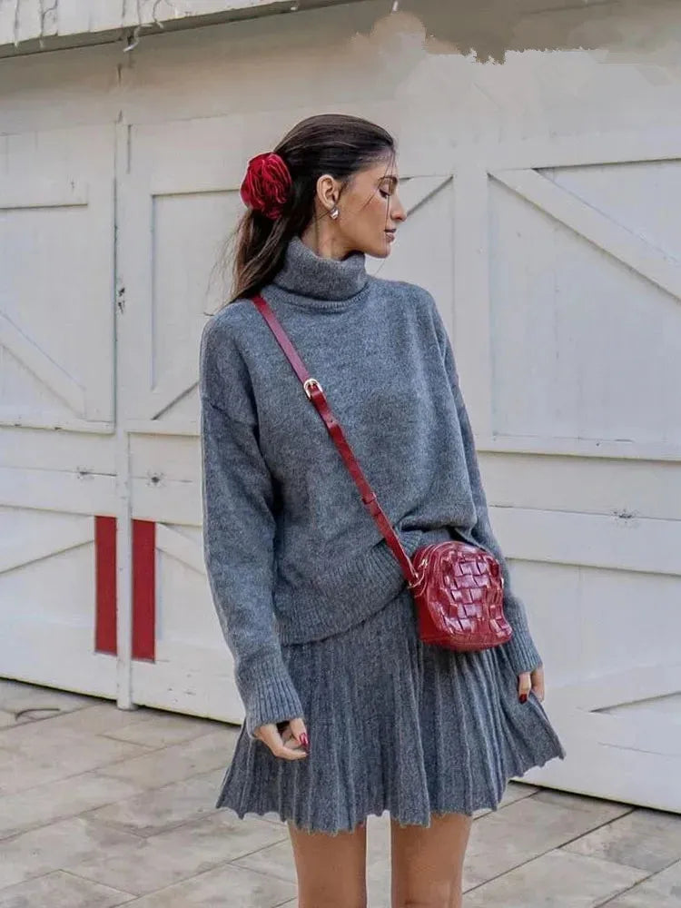 Chic Knitted Skirt Suit with High Collar Pullover and Mini Skirt VestiVogue