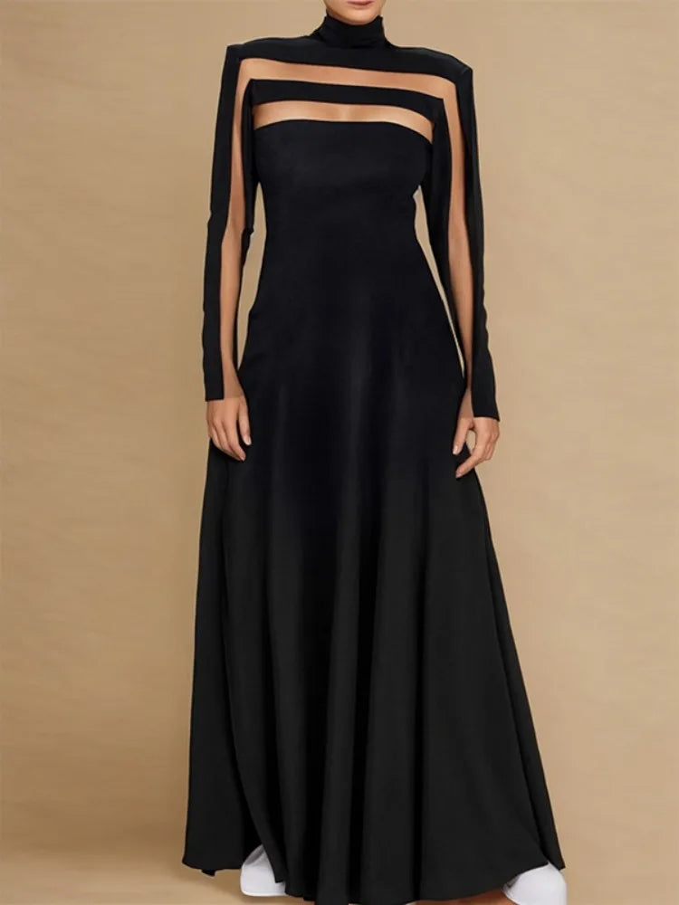 Elegant Black Mesh Long Sleeve High Neck Pleated Dress VestiVogue black S