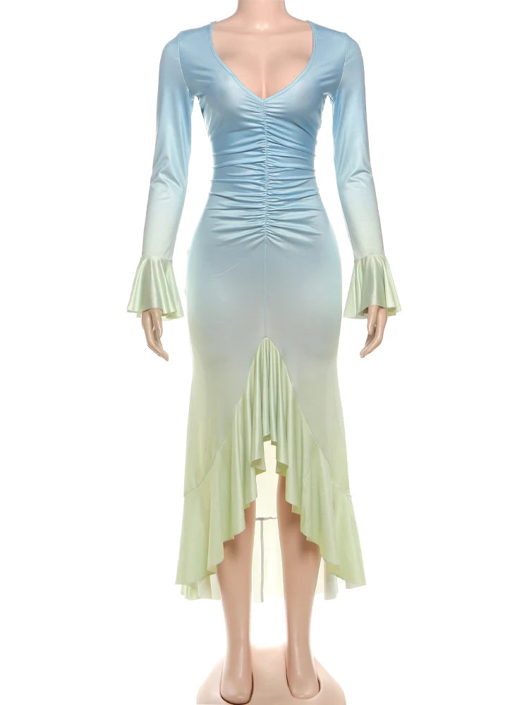 Elegant Gradient Party Dress with Ruffles and Sleeves VestiVogue