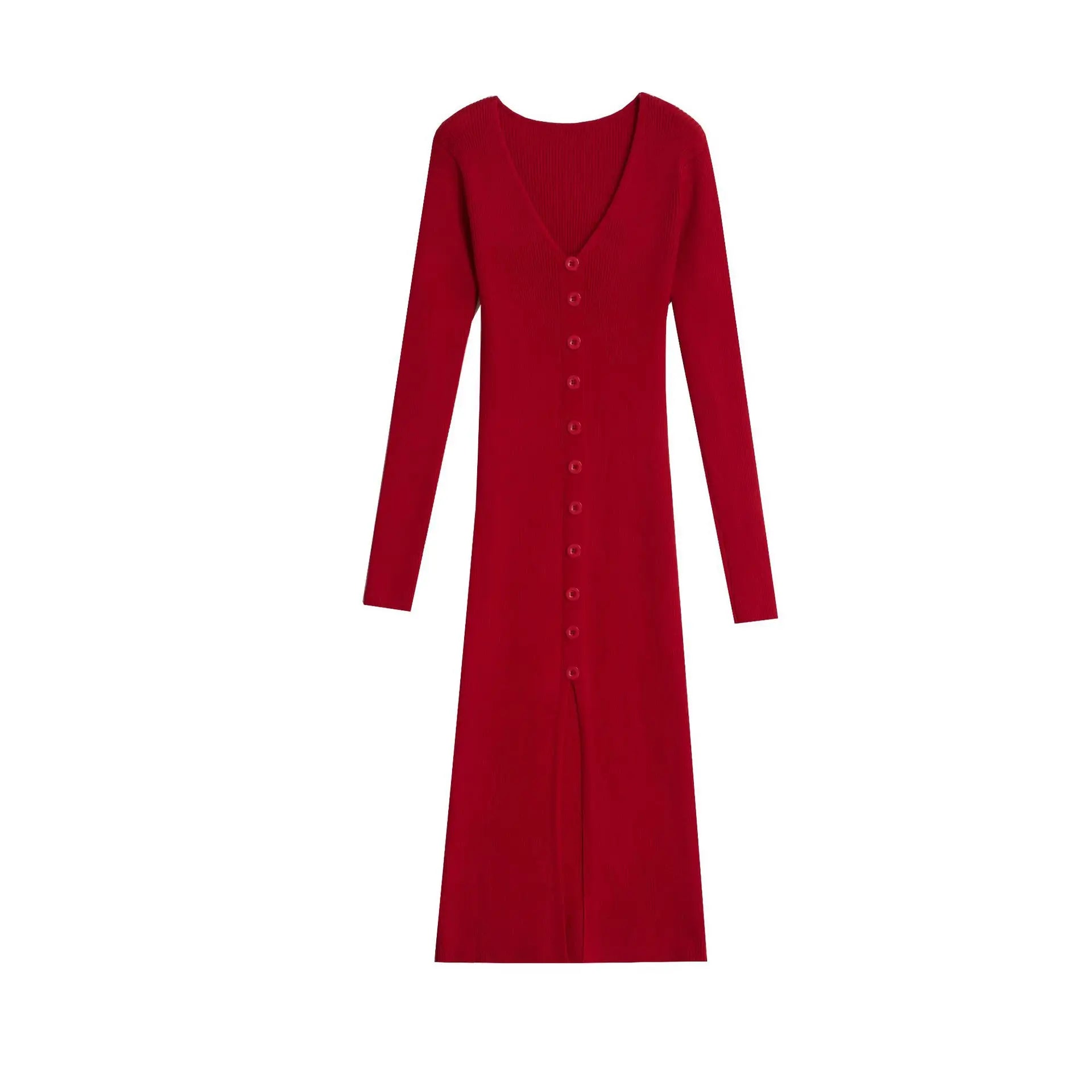 Sophisticated Knitted V-Neck Midi Dress with Long Sleeves VestiVogue Wine Red 2987 L