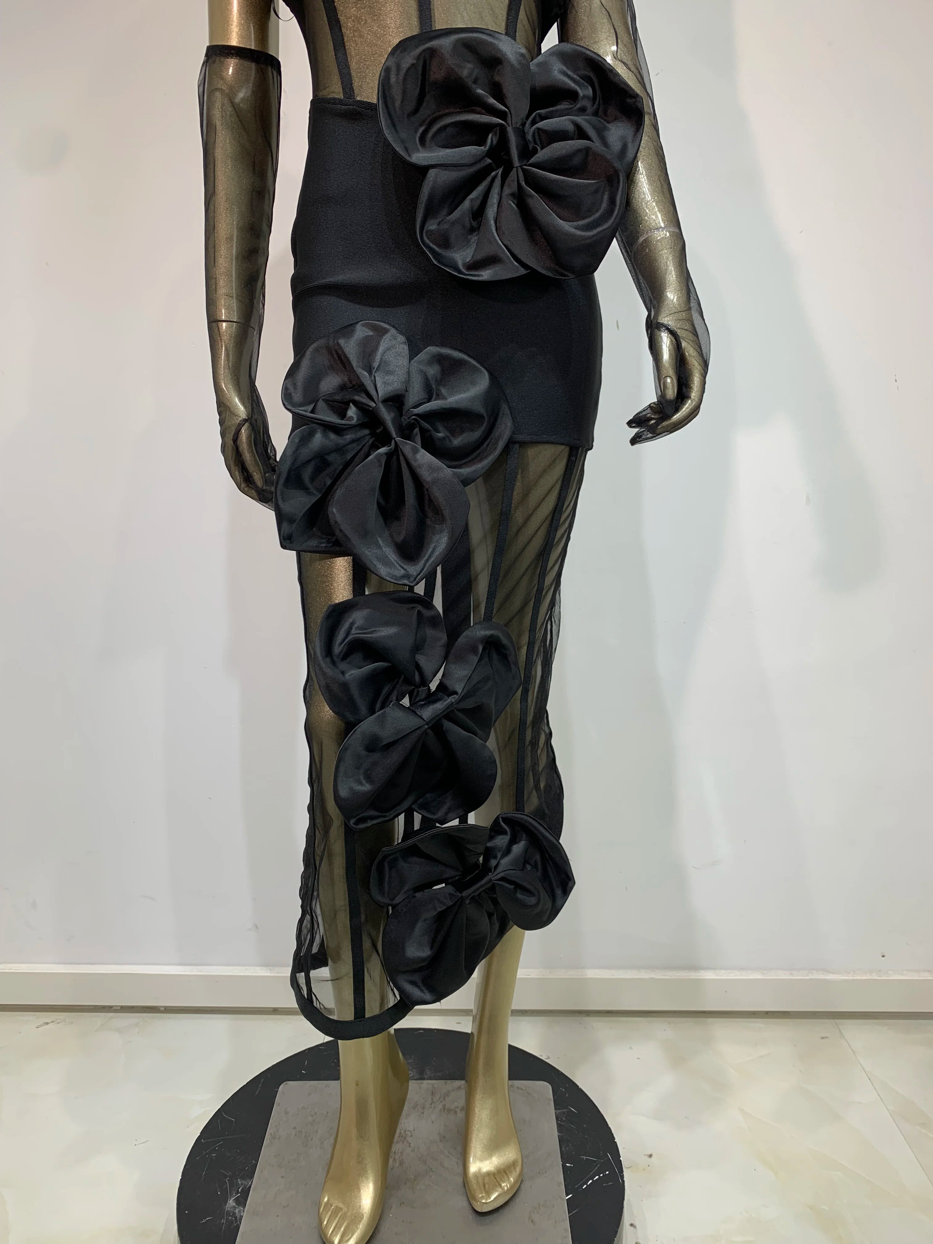 One-Shoulder Black Mesh Bodycon Midi Dress with Diamond Accents VestiVogue