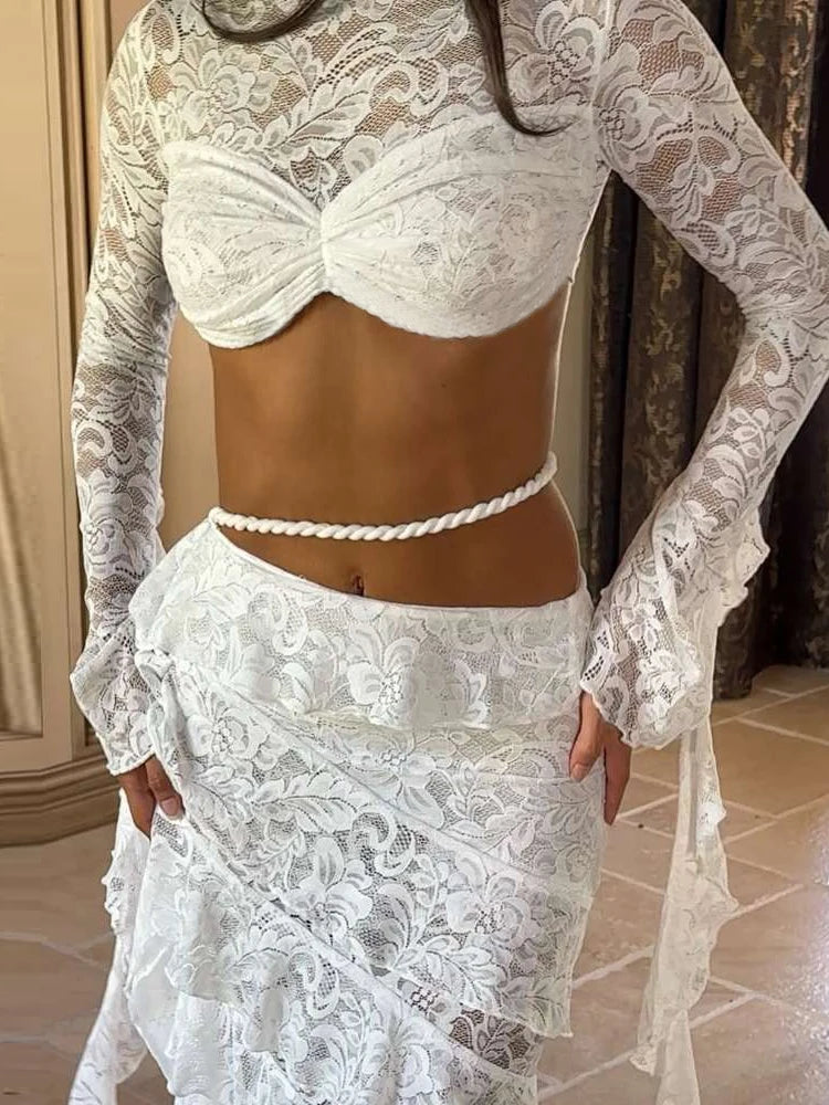 Midnight Coquette Lace Ruffle Crop Tee & Pleated Maxi Skirt Set VestiVogue