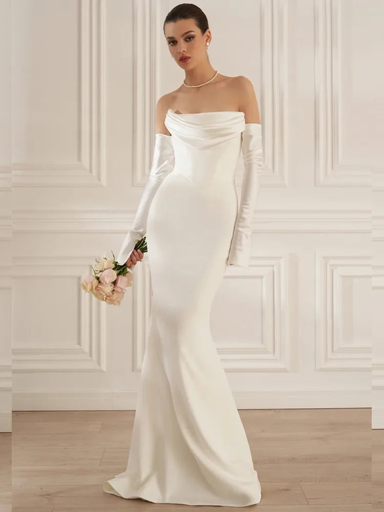 Elegant Off-Shoulder Black & White Lace Maxi Gown VestiVogue WHITE XS