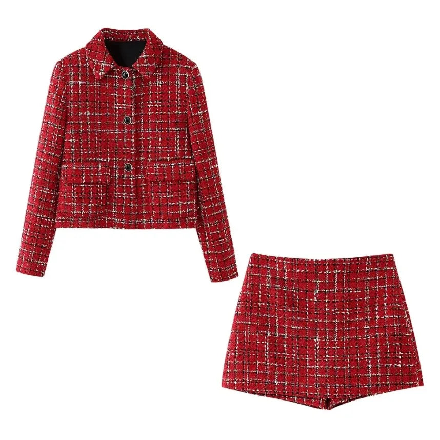 Elegant Tweed Jacket and Mini Skirt Set VestiVogue red suit M
